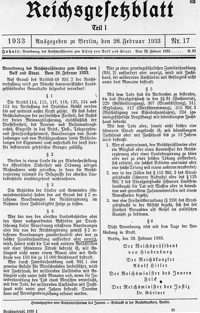 Bild zum Dokument Reichsgesetzblatt betr. Verordnung des Reichspräsindenten zum