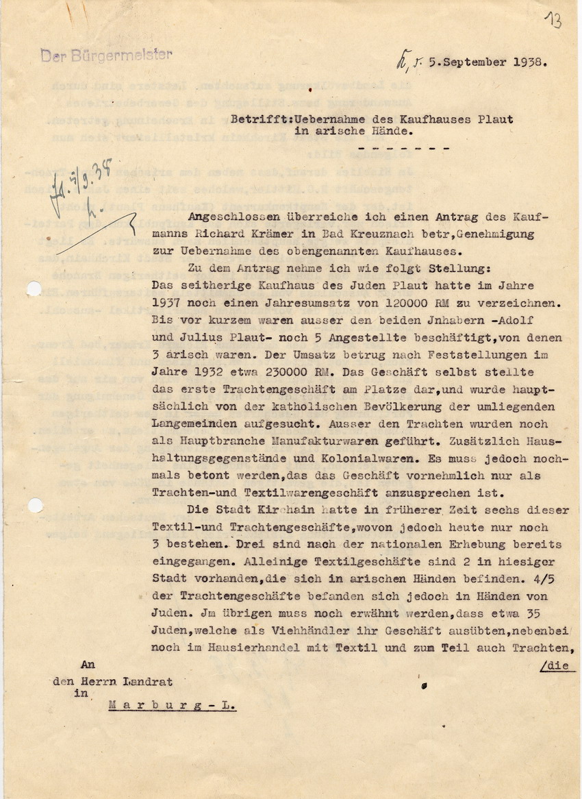330 Kirchhain 3789: Arisierung der Firma Plaut 1938 330 Kirchhain 3789: Arisierung der Firma Plaut 1938