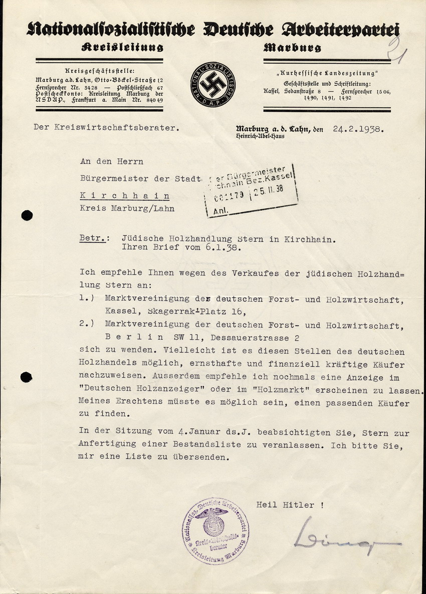 330 Kirchhain 3788: Verkauf der jüdischen Holzhandlung Z. Stern & Sohn 330 Kirchhain 3788: Verkauf der jüdischen Holzhandlung Z. Stern & Sohn