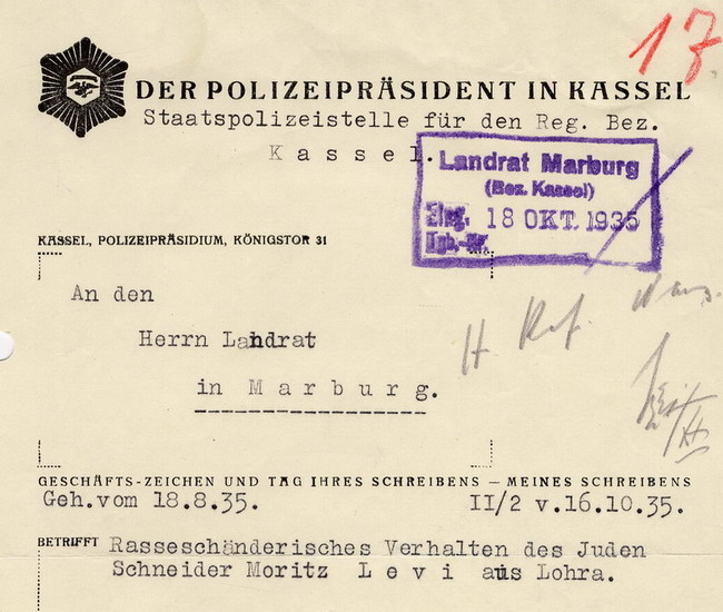 180 Marburg 3935: Flucht des wegen Rassenschande verfolgten Juden Moritz Levi zu Lohra nach Amsterdam 180 Marburg 3935: Flucht des wegen Rassenschande verfolgten Juden Moritz Levi zu Lohra nach Amsterdam