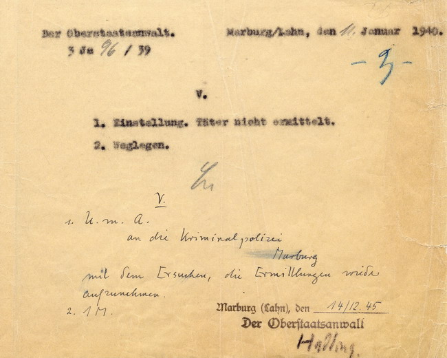 274 Marburg 125 Bd 1 Synagogenbrandstiftung 1938, Hauptakte Teil 1 274 Marburg 125 Bd 1 Synagogenbrandstiftung 1938, Hauptakte Teil 1