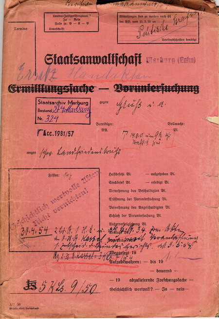 274 Marburg 324 Bd. 4 Handakten Landfriedensbruch Kirchhain 1938 274 Marburg 324 Bd. 4 Handakten Landfriedensbruch Kirchhain 1938