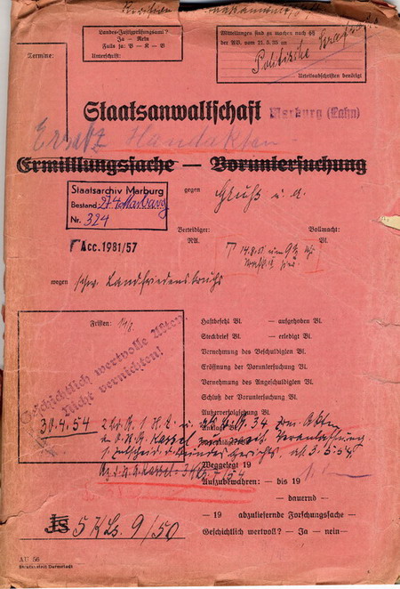 274 Marburg 324 Bd. 5 Ersatzhandakten Landfriedensbruch Kirchhain 1938 274 Marburg 324 Bd. 5 Ersatzhandakten Landfriedensbruch Kirchhain 1938